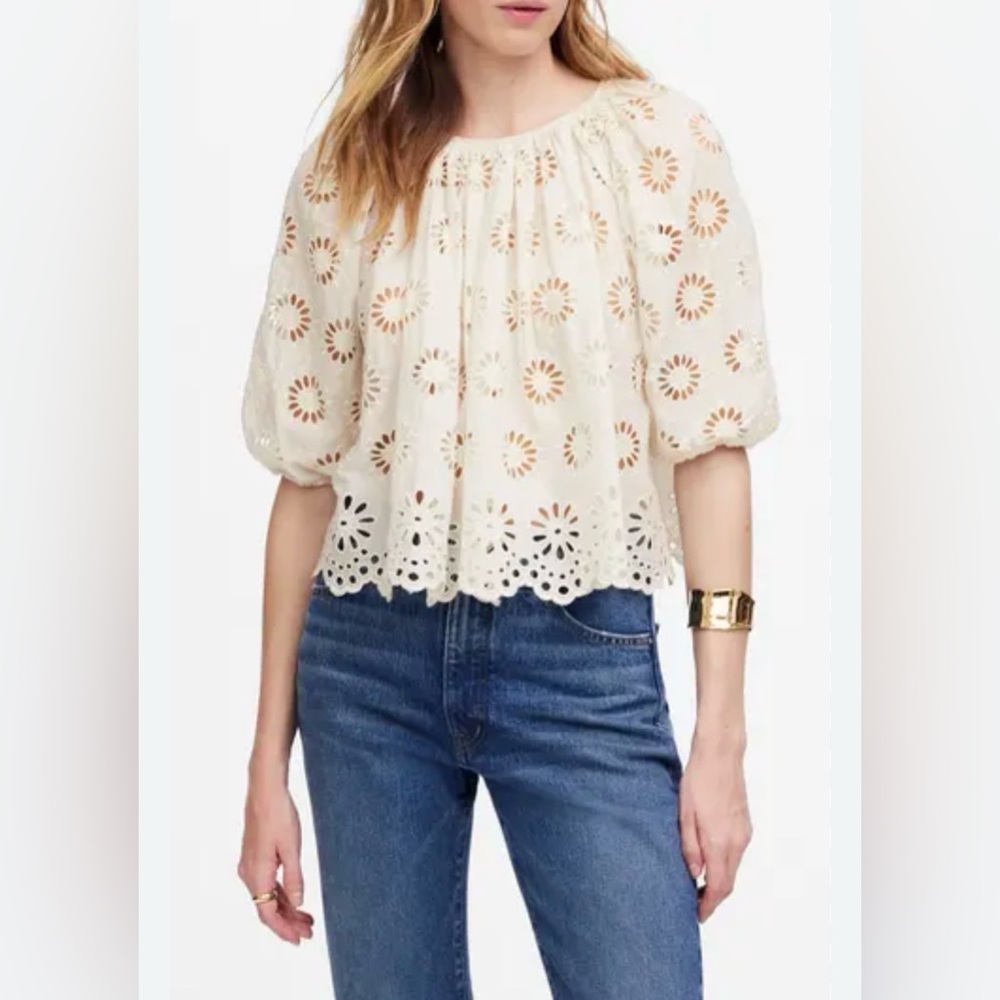 NWT Madewell Embroidered Shirred Puff Sleeve Top
